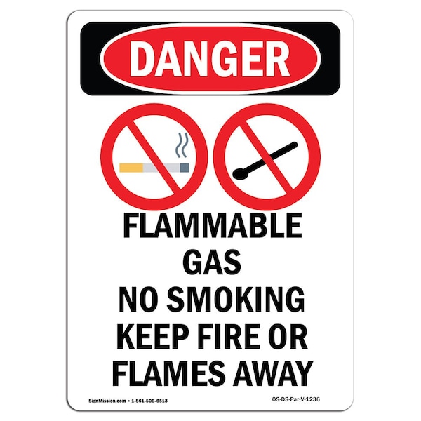 Safety Sign, OSHA Danger, 18" Height, Aluminum, Flammable Gas No Smoking, Portrait